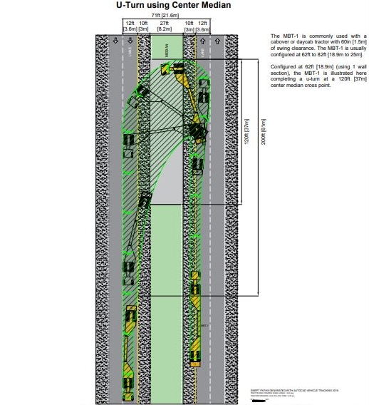 Comparison Illustration of Swept Paths for Mobile Barriers MBT-1 measuring 63 feet in length and Standard Semi-Trailer measuring 53 feet in length.